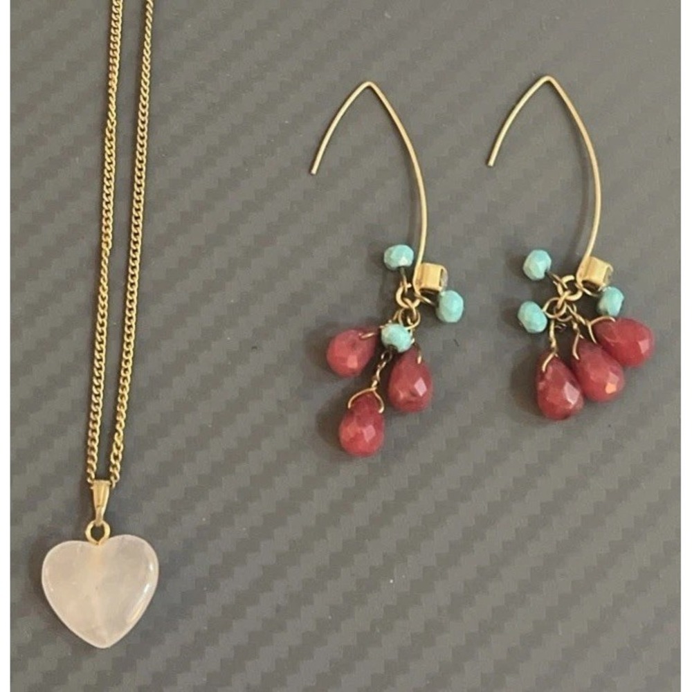 Vintage Lot Pale Rose Quartz Heart Goldtone Chain Necklace & Gemstone Earrings